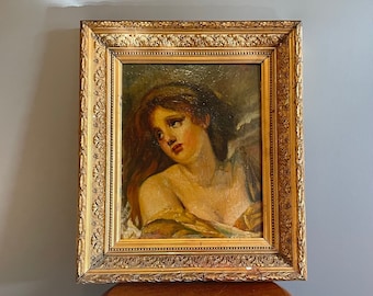 アンティークのフランス風肖像油絵、楕円形、傘を持った優雅な女性、19