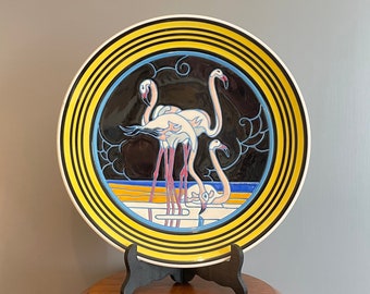 Old and rare Quimper earthenware dish Henriot Jean Étienne Laget (1896-1990) Folkloric earthenware polychrome decoration pink flamingos 643 32 cm