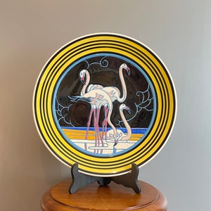 Old and rare Quimper earthenware dish Henriot Jean Étienne Laget (1896-1990) Folkloric earthenware polychrome decoration pink flamingos 643 32 cm