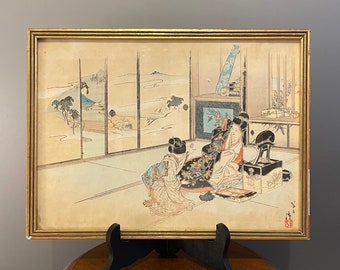 Ancien et rare estampe Ukiyo-e japonaise polychrome fable Kano Tomonobu et Kajita Hanko 1895