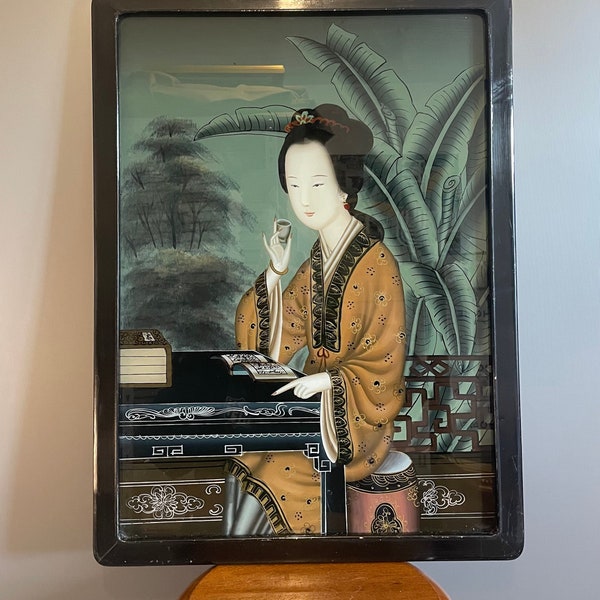 Ancien et rare tableau chinois Canton fixé sous verre technique peinture inverse décor Geisha peint à la main début XX ième siècle