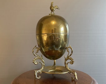 Antique and rare egg cooker, egg cup or egg-shaped rooster holder in brass, late 19th century, 24 cm