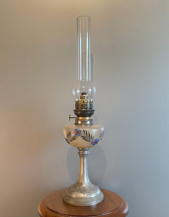Lampe à Pétrole Ancienne En Verre – Décor Fleur, Vintage, Fonctionnement OK