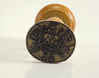 Old and rare wooden and brass stamp with coat of arms decoration