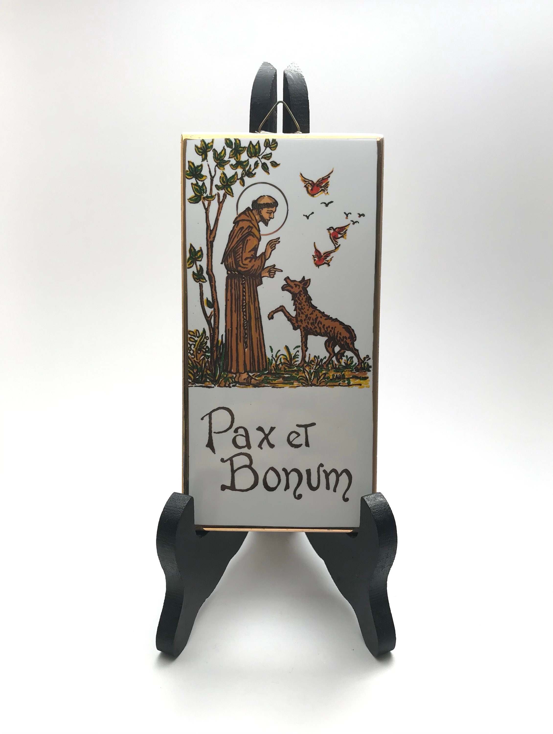 Ancien et Rare Carreau ou Tuile Religieuse en Céramique Peinte à La Main Décor de Saint avec Des Ani