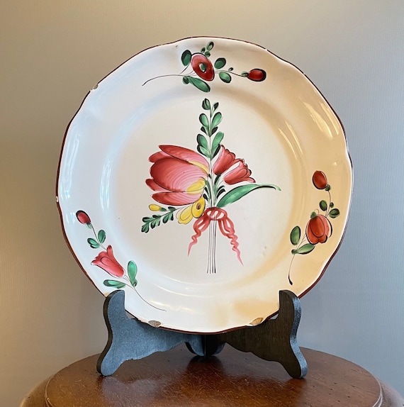 Lot De 5 Assiettes Plates Anciennes En Céramique - Décor Fleuri Français - Vintage