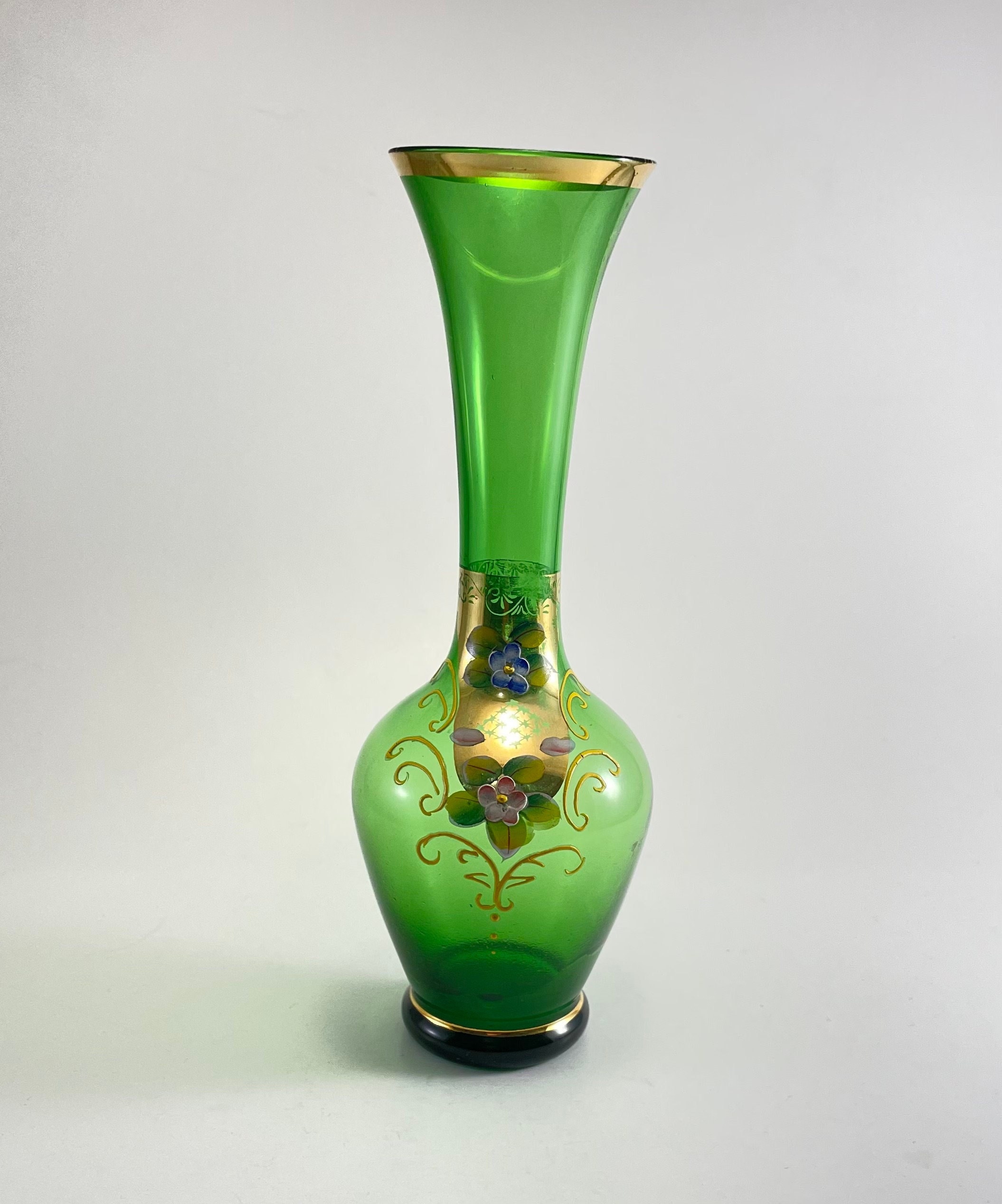 Ancien et Rare Vase Soliflore en Verre Couleur Verte Peint à La Main Décor Petite Fleur Dorure