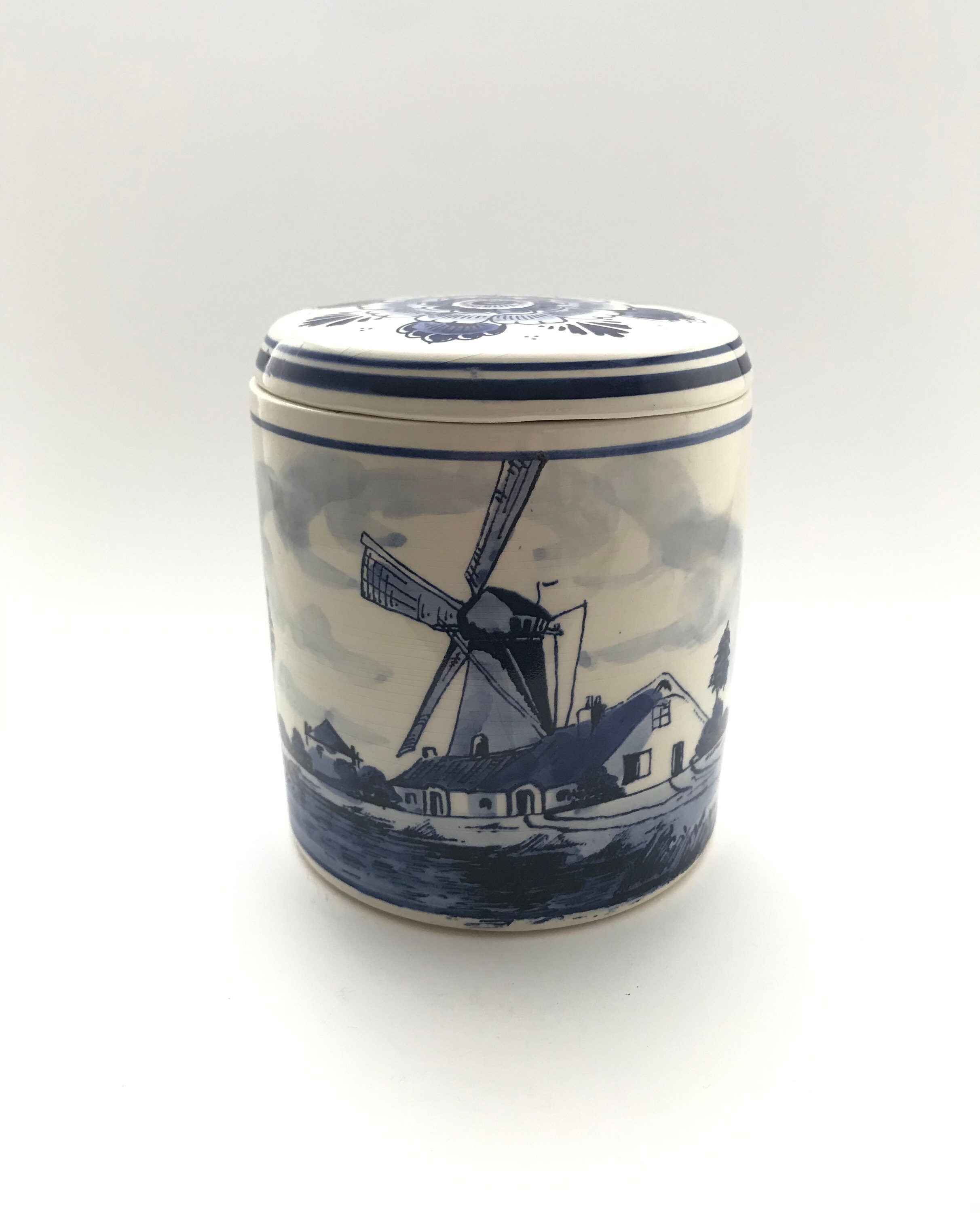 Ancien et Rare Pot à Farine Delft en Céramique Bleu Blanche Décor Moulin Fleuri