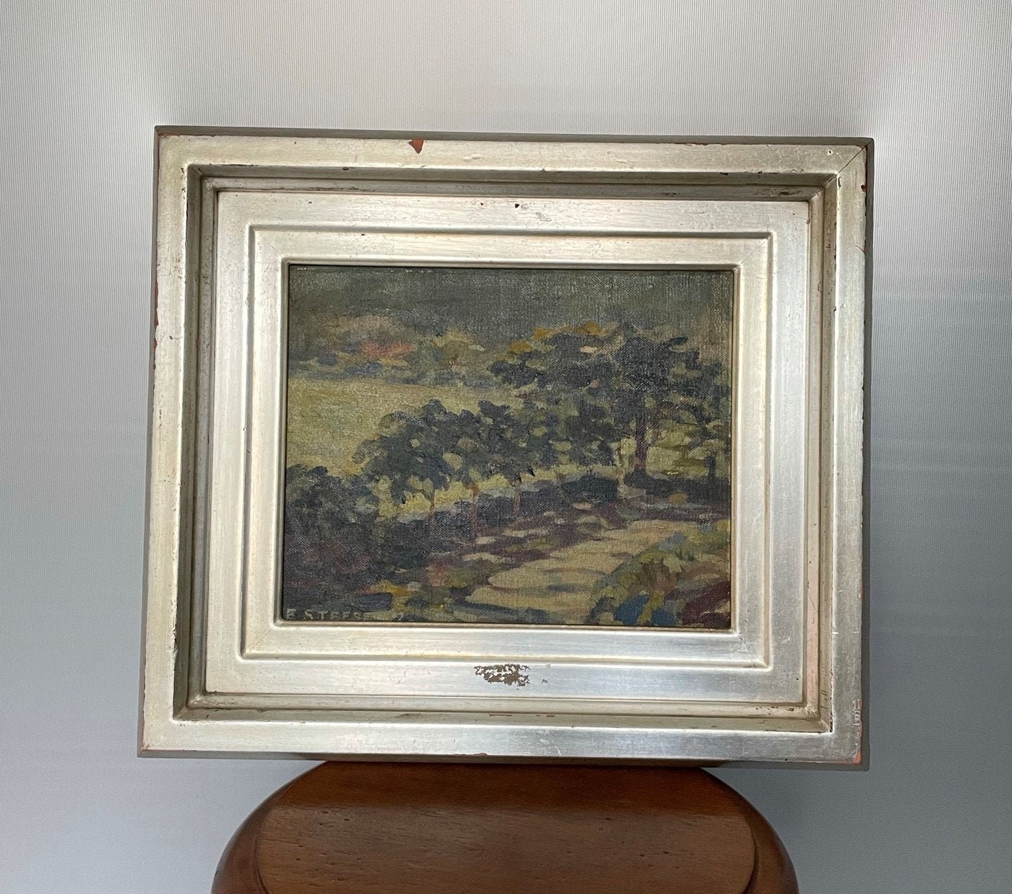 Ancien et Rare Tableau Huile sur Toile Contrecollée Carton de Edward Steese Décor Paysage États-Unis
