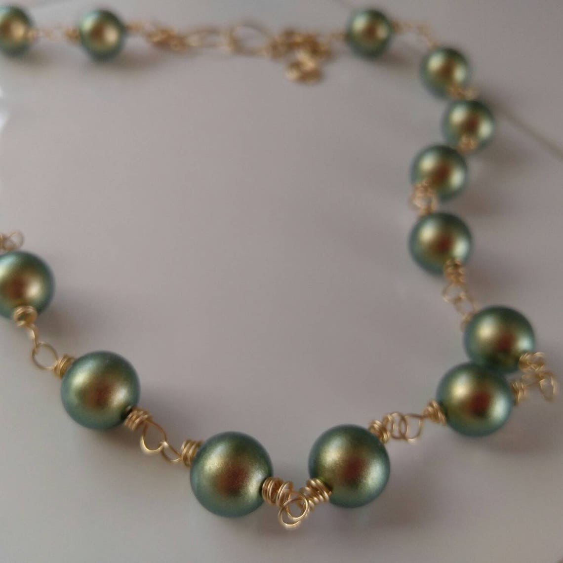 Green Pearl necklace. Iridescent green pearl necklace set Etsy