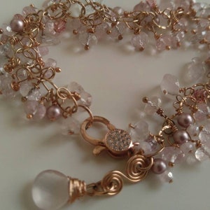 Stretchy Rose gold Cross opal, pink Cats eye Morganite and Jade Bracelet