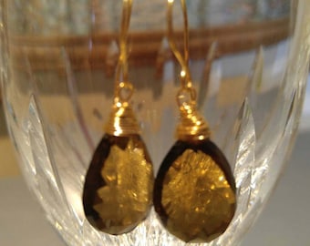 18k yellow gold, gemstone dangle earrings, solid 18k gold. AAA quality large beer quartz gemstones. Gold Large Faceted gemstones.