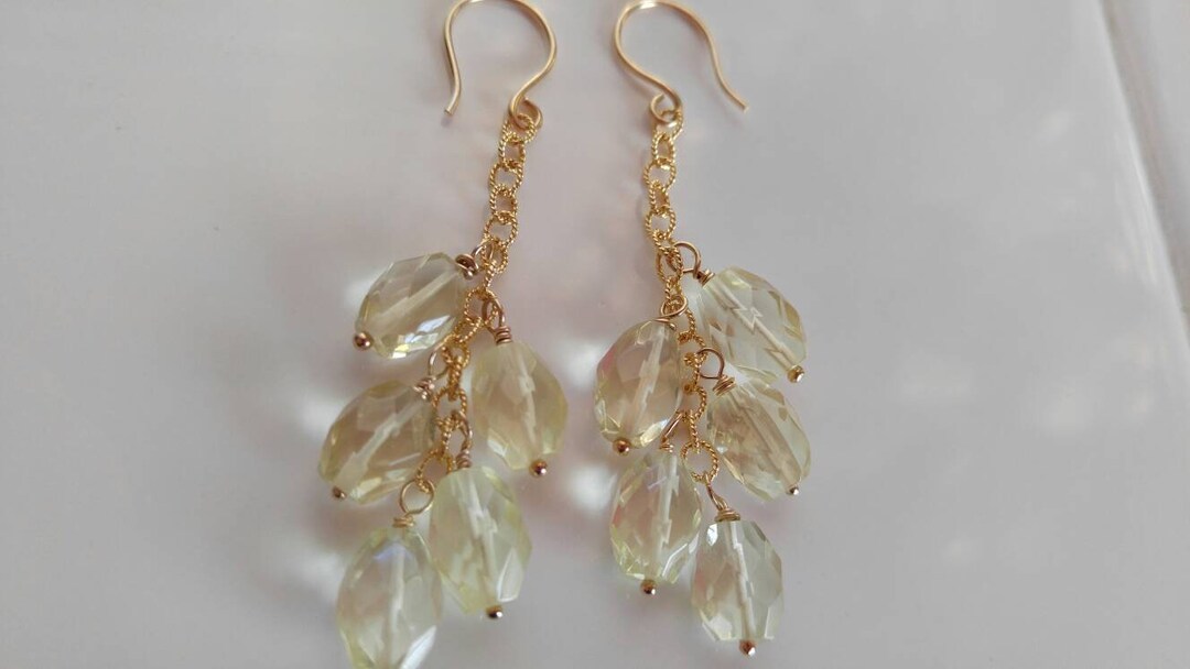 Lemon Quartz Chandelier Earrings in Gold, Gold Cable Chain