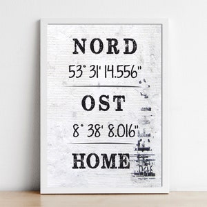 Poster Koordinaten für Zuhause | personalisiertes Poster "Home" mit Struktur in schwarz-weiß, auch als Geschenk | Größen- und Rahmenwahl