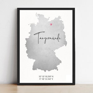Deutschland Koordinaten Poster mit Herz | personalisiertes Bild Zuhause, mit Größen- und Rahmenwahl  |  2 Varianten, auch Partnergeschenk