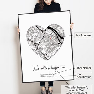 Image de plan de ville en forme de cœur | Poster personnalisé avec nom, là où tout a commencé | Pour les partenaires, avec choix de taille et de cadre