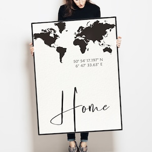 Poster Koordinaten mit Weltkarte personalisiert | Bild für Zuhause - Home, Kunstdruck in schwarz-weiß | Anfertigung Geschenk