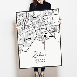 Image coordonnée | Poster personnalisé plan de ville HOME en noir et blanc | Impression dégradée | Décoration murale salon cadeau