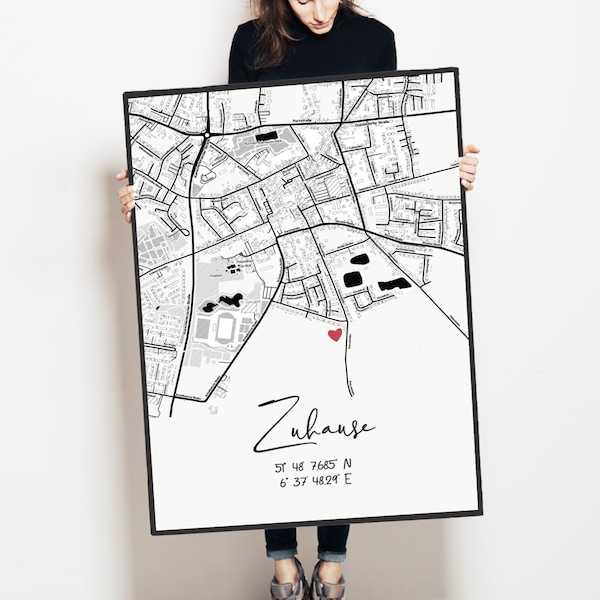 Koordinatenbild | Poster personalisiert Stadtplan ZUHAUSE in schwarz-weiß | Druck im Verlauf | Wandkunst Wohnzimmer Geschenk