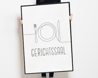 Küchenbild "Gerichtssaal", humorvolles Poster mit Spruch für Wohn-Küche, Druck in schwarz-weiß | viele Größen- und Rahmenwahl