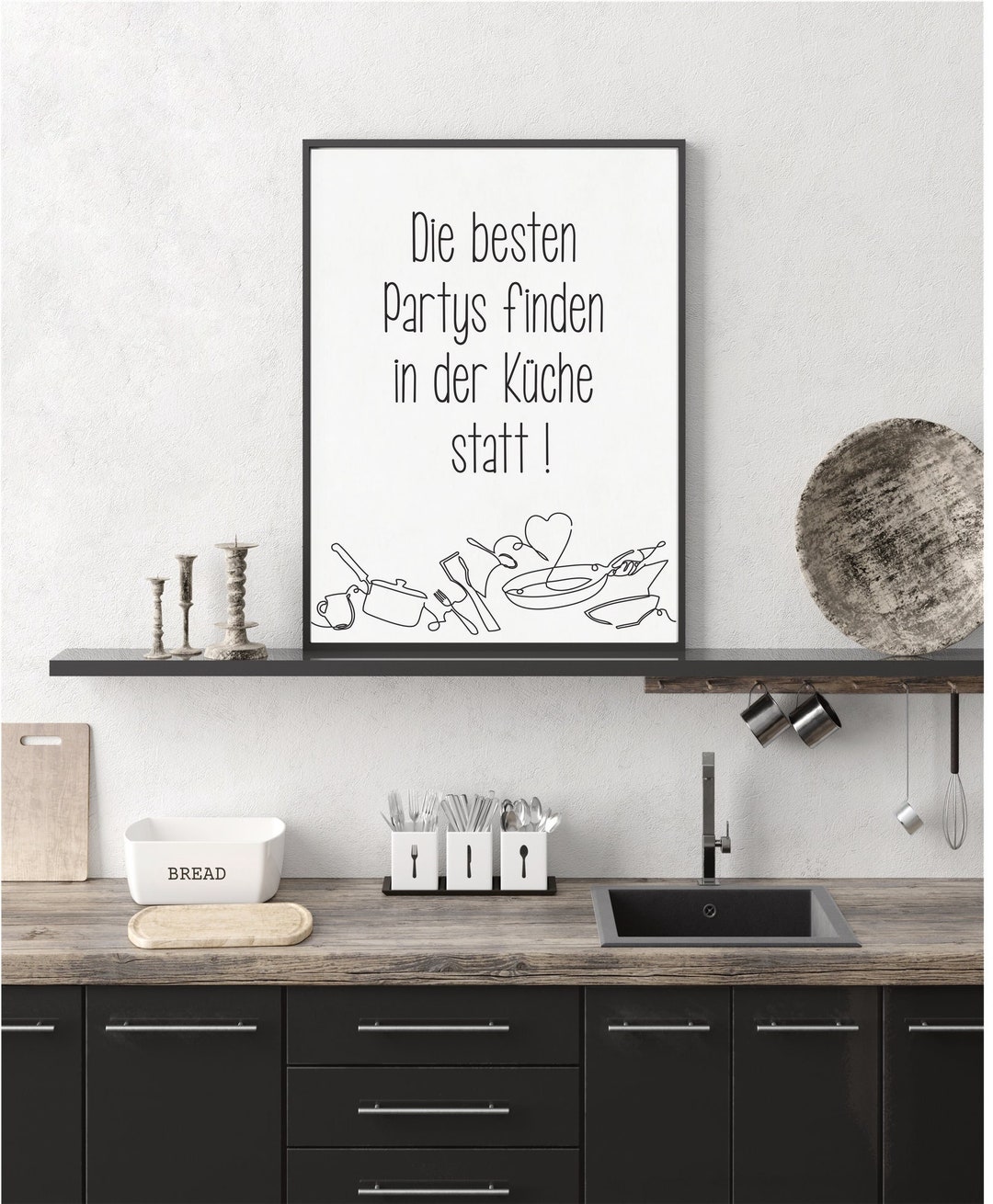 picture kitchen poster saying the best parties take place in the kitchen, black and white print, choice of size, choice of frame - etsy