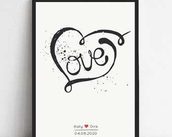 Bild, Poster Hochzeit "LOVE" Namen, Datum personalisiert, Hochzeitstag, Typografie, schwarz-weiß, Geschenk, Größenwahl, Rahmenwahl