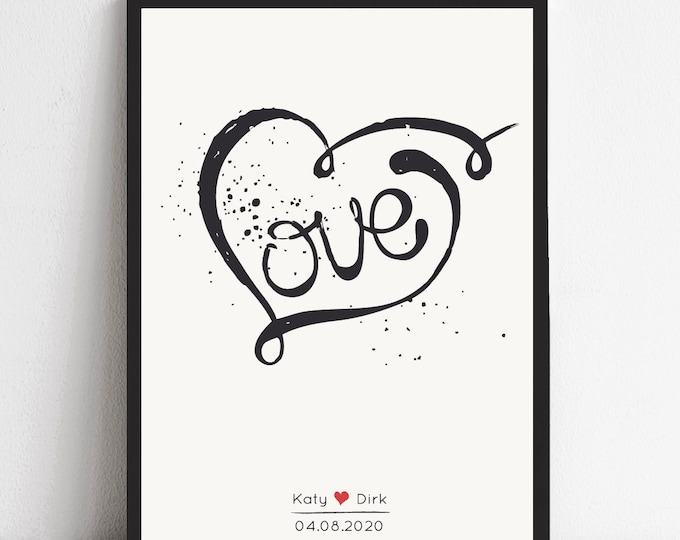 Picture, Wedding Poster "LOVE" Name, Date Personalized, Wedding Anniversary, Typography, Black and White, Gift, Size Choice, Frame Choice