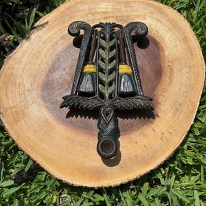 Antique Kitchen Witch Cast Iron Trivet ~ 1950's Used Condition ~ Cottagecore Kitchen ~ Witchy Home Decor ~ Broom and Grain Detail