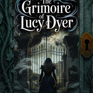 Peut inclure: Couverture du livre "The Grimoire of Lucy Dyer" de Kitty Fields. Une femme en robe sombre marche vers une grille en fer forg&eacute;. Le titre est en &eacute;criture blanche, sur fond de for&ecirc;t brumeuse et de pleine lune. Th&egrave;me gothique.