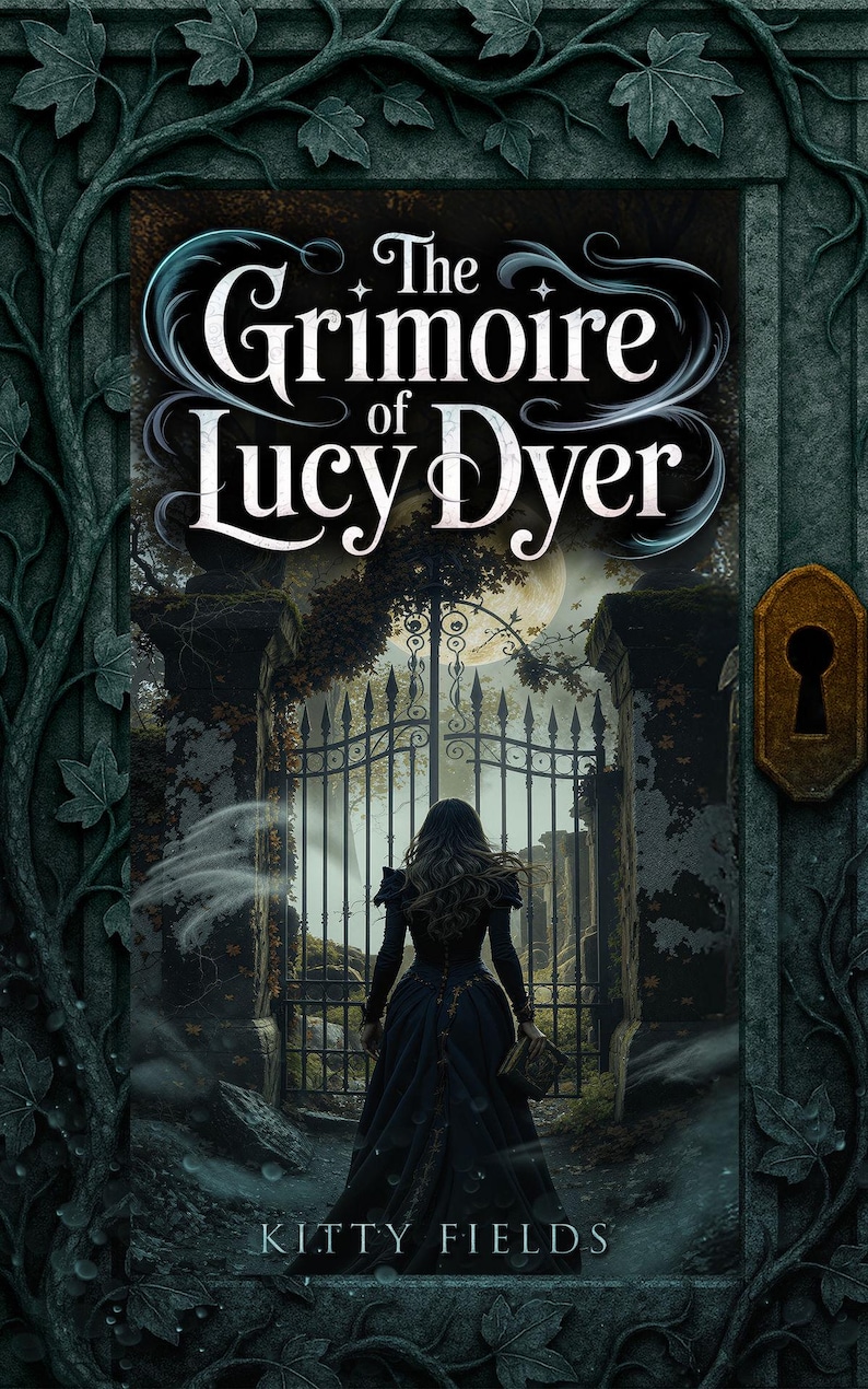 Peut inclure: Couverture du livre "The Grimoire of Lucy Dyer" de Kitty Fields. Une femme en robe sombre marche vers une grille en fer forg&eacute;. Le titre est en &eacute;criture blanche, sur fond de for&ecirc;t brumeuse et de pleine lune. Th&egrave;me gothique.