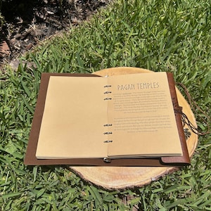 May include: Open leather journal with the title "Pagan Temples" on the right page. The journal is brown and rests on a wooden slice, surrounded by green grass. The journal is open, revealing text on the right page.