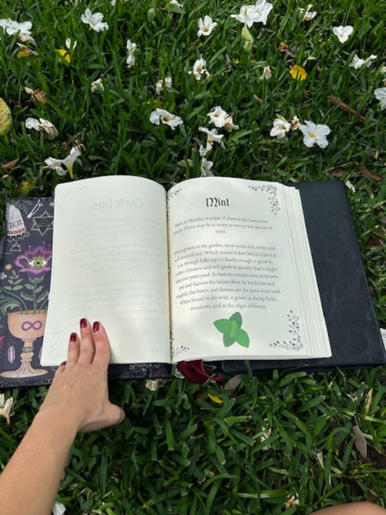 Pu&ograve; includere: Un libro aperto con sfondo bianco e copertina nera. Il libro &egrave; aperto a una pagina intitolata "Menta" e presenta una piccola illustrazione di una pianta di menta. Il libro &egrave; appoggiato su un letto di erba verde con fiori bianchi.