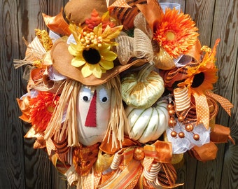 Scarecrow wreath, Wreaths, Deco Mehs, Pumpkins, Ribbons, Handmade scarecrow, Front Door, Back Door,Raffia,Sunflowers