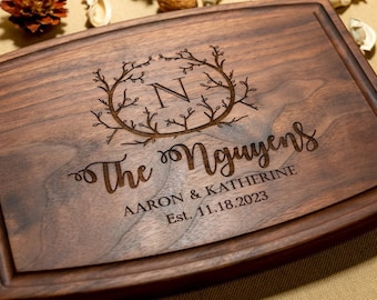 Personalized, Engraved Cutting Board with Rustic Monogram and Branch Design for Wedding or Anniversary Gift #1