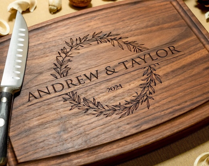 Personalized, Engraved Cutting Board with Rustic Wreath and Family Name Design for Wedding or Engagement #5