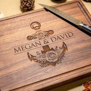 Personalized, Engraved Cutting Board with Nautical Anchor Design for Wedding or Anniversary #16+ Bonus Free Oil Pack included