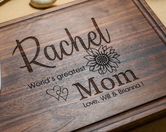 Personalized, Engraved Cutting Board with Worlds Greatest Mom Design for Mother's Day or Mom's Birthday#110