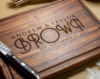 Personalized, Engraved Cutting Board with Modern Family Name Design for Wedding or Anniversary Gift #34