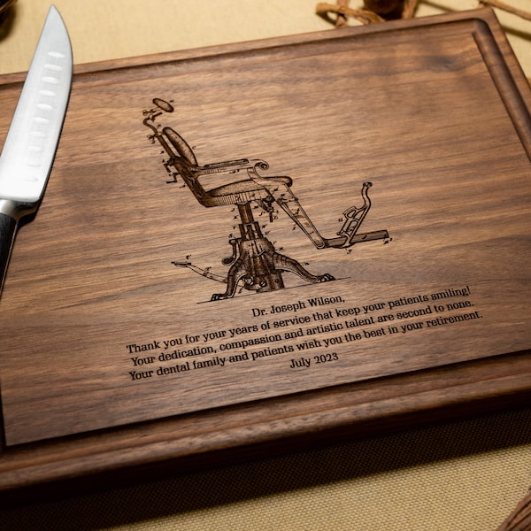 Personalized, Engraved Cutting Board with Dentist Chair Design for Dentist or Retirement #98