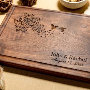 Personalized, Engraved Cutting Board with Romantic Bird and Branch Design for Wedding or Anniversary Gift #25+ Bonus Free Oil Pack included