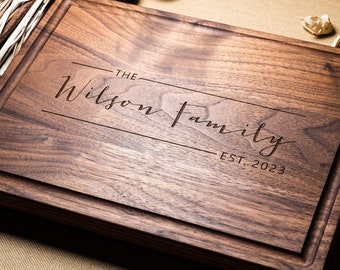 Personalized, Engraved Cutting Board with Modern Family Name Design for Housewarming or Closing Gift #33