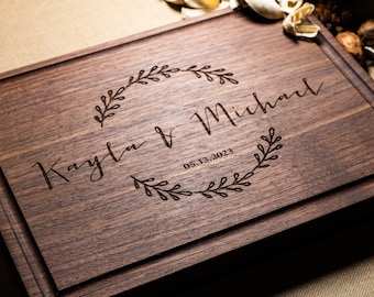 Personalized, Engraved Cutting Board with Wreath and Name Design for Wedding, Engagement, Anniversary Gift #46+ Bonus Free Oil Pack included