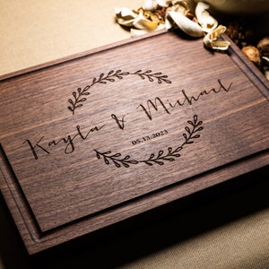 Personalized, Engraved Cutting Board with Wreath and Name Design for Wedding, Engagement, Anniversary Gift #46+ Bonus Free Oil Pack included