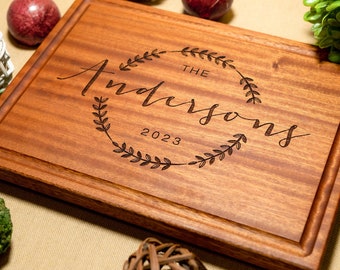 Personalized, Engraved Cutting Board with Wreath and Family Name Design for Wedding or Anniversary Gift #69