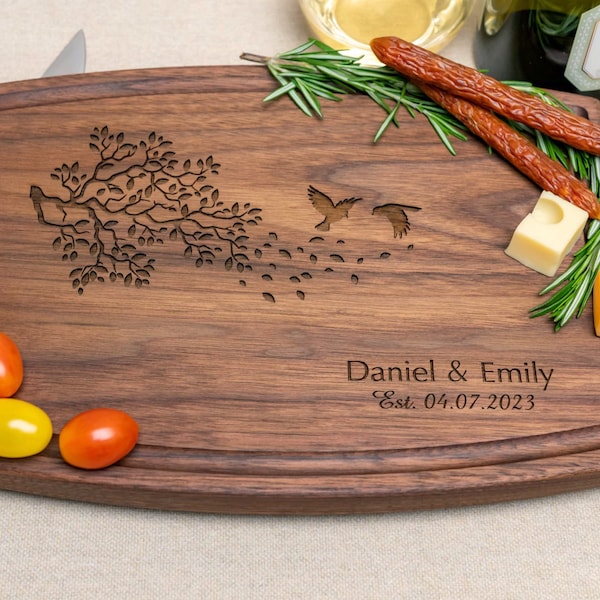 Personalized, Engraved Cutting Board with Romantic Bird and Branch Design for Wedding or Anniversary Gift #25