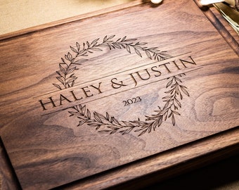 Personalized, Engraved Cutting Board with Rustic Wreath and Family Name Design for Wedding or Engagement #5