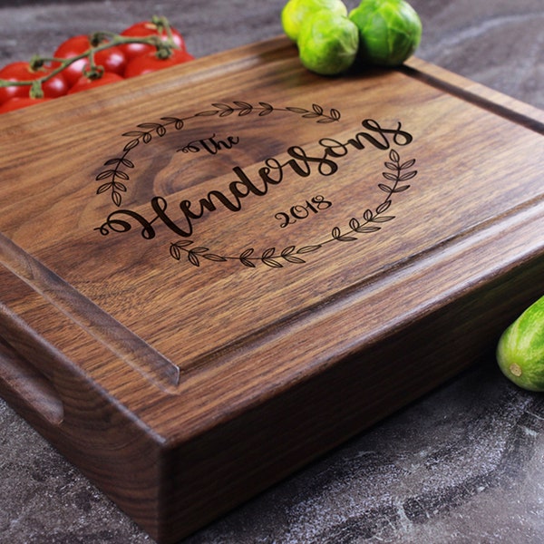 Personalized, Engraved Chopping Block with Laurel Wreath with Name Design for Wedding or Closing Gift #17