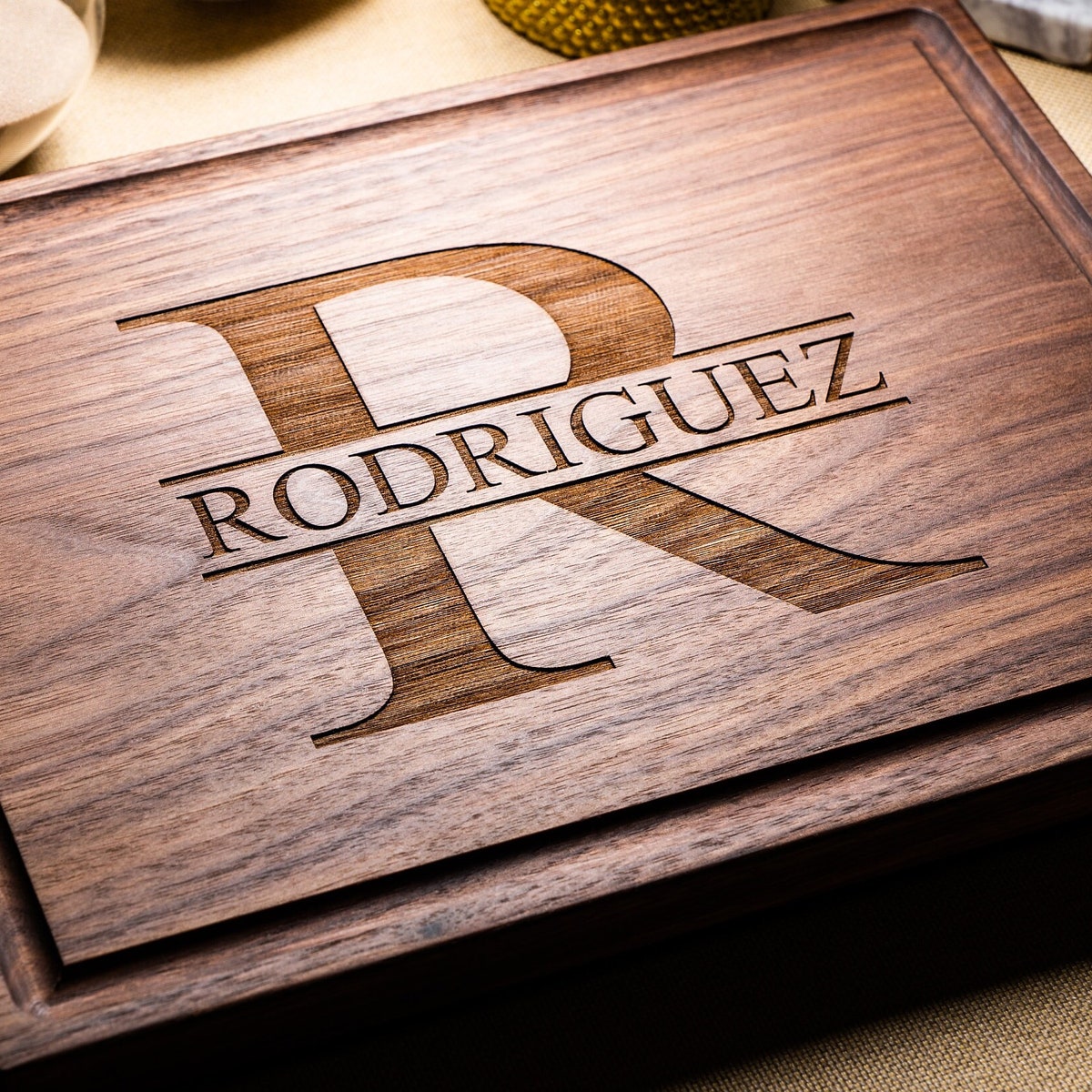 Personalized Engraved Cutting Board Minimalist Initial Monogram Design for Wedding, Engagement, Birthday, Housewarming #50+Free Oil Pack