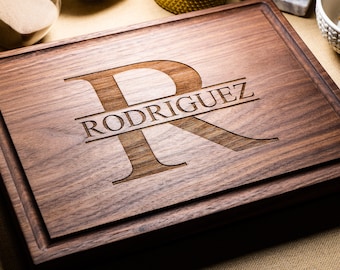 Personalized Engraved Cutting Board Minimalist Initial Monogram Design for Wedding, Engagement, Birthday, Housewarming #50+Free Oil Pack