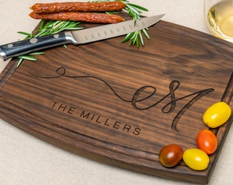Personalized, Engraved Cutting Board with Classic Cursive Monogram Design for Wedding or Anniversary Gift #55